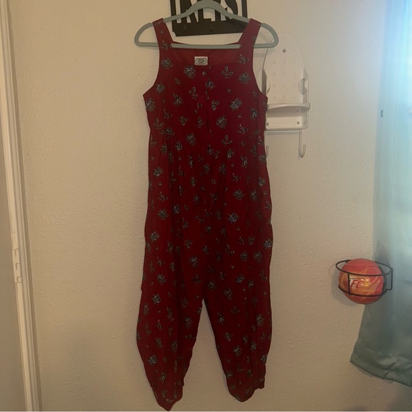 Laura Ashley 80s Red Floral Corduroy Jumpsuit Vintage Calico Romper Jumpsuit - Picture 2 of 7